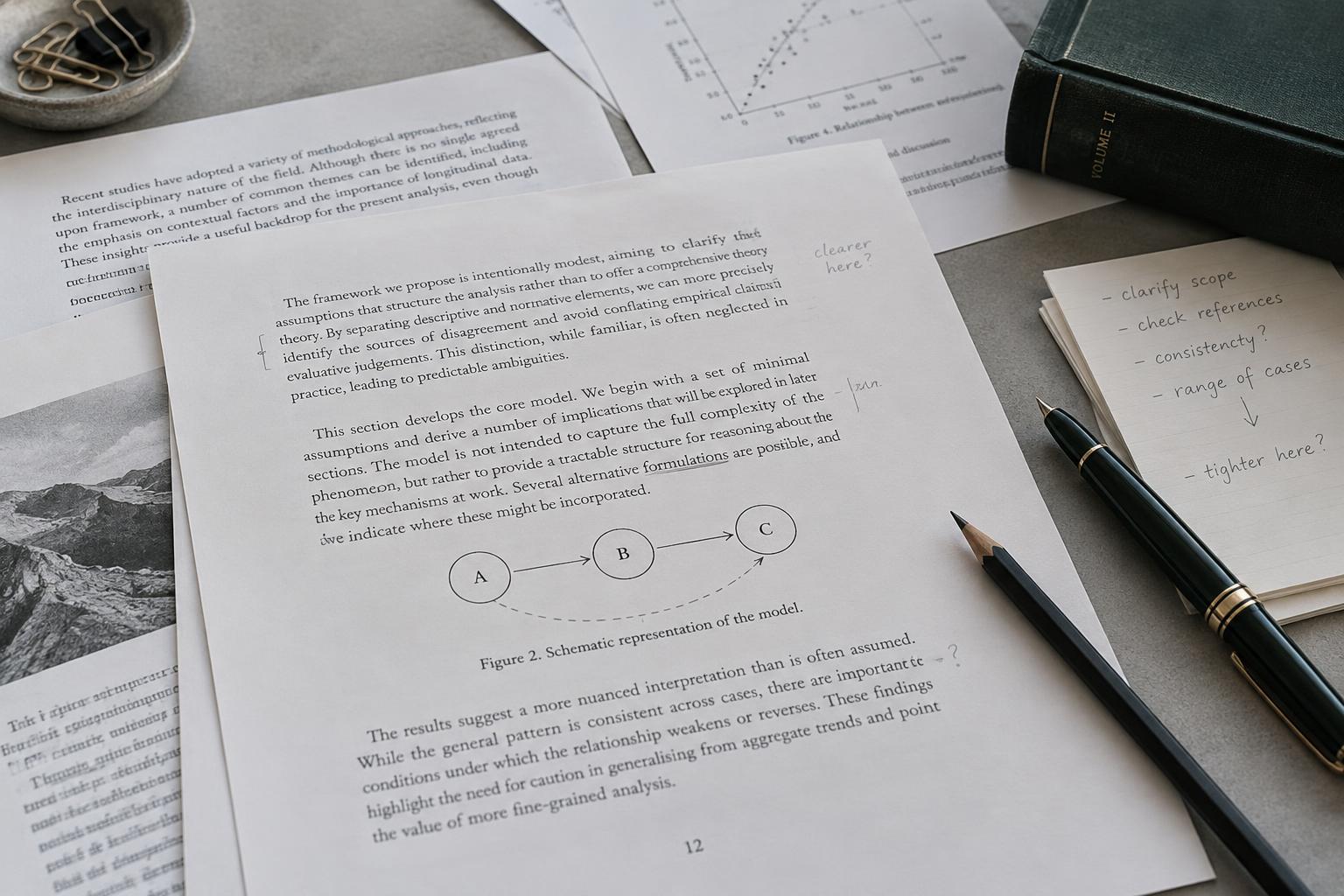Academic manuscript proofs, reference notes, a fountain pen, and pencil on an editorial desk
