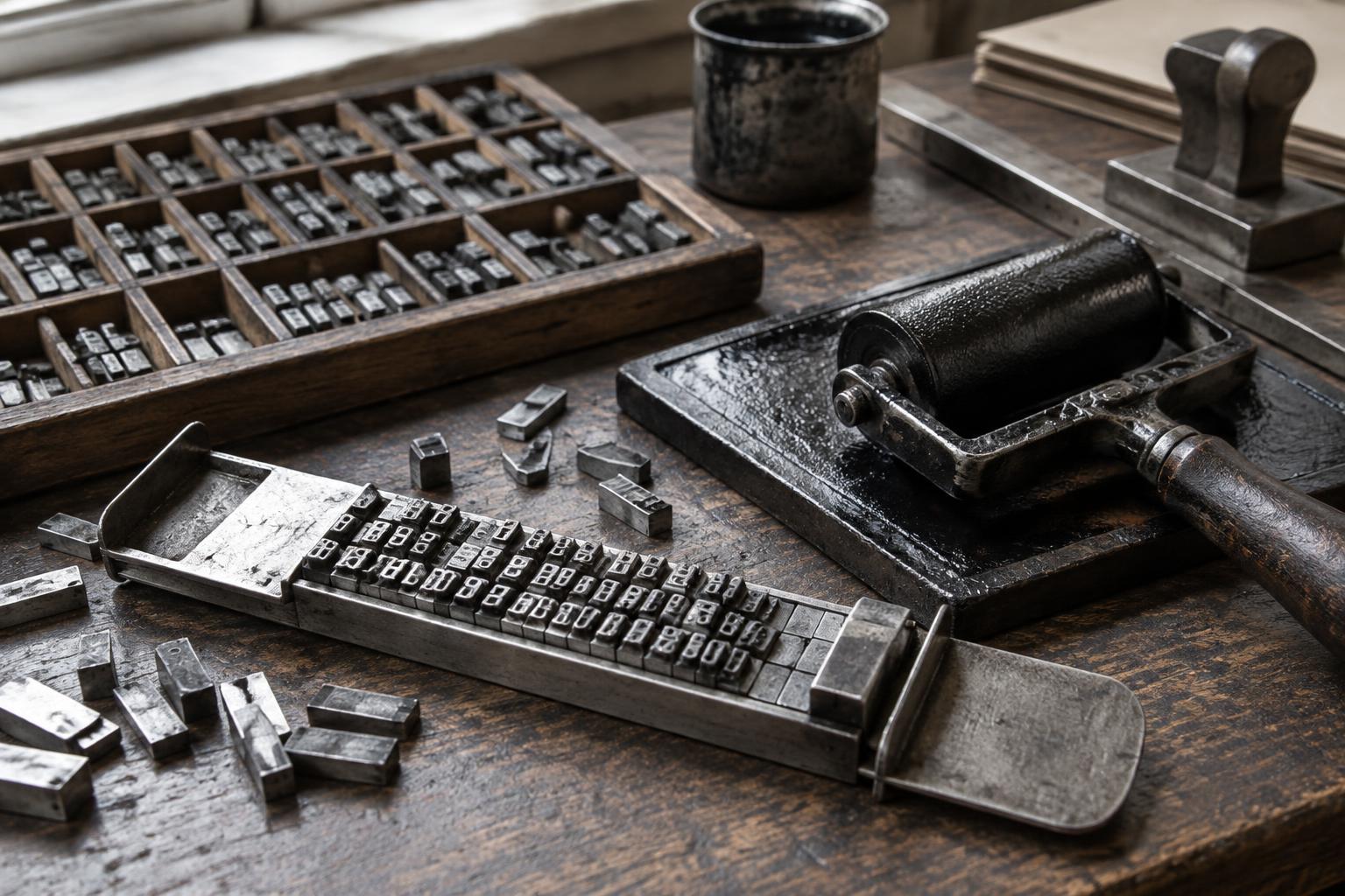 Metal movable type, a composing stick, and an ink roller on a traditional letterpress workbench