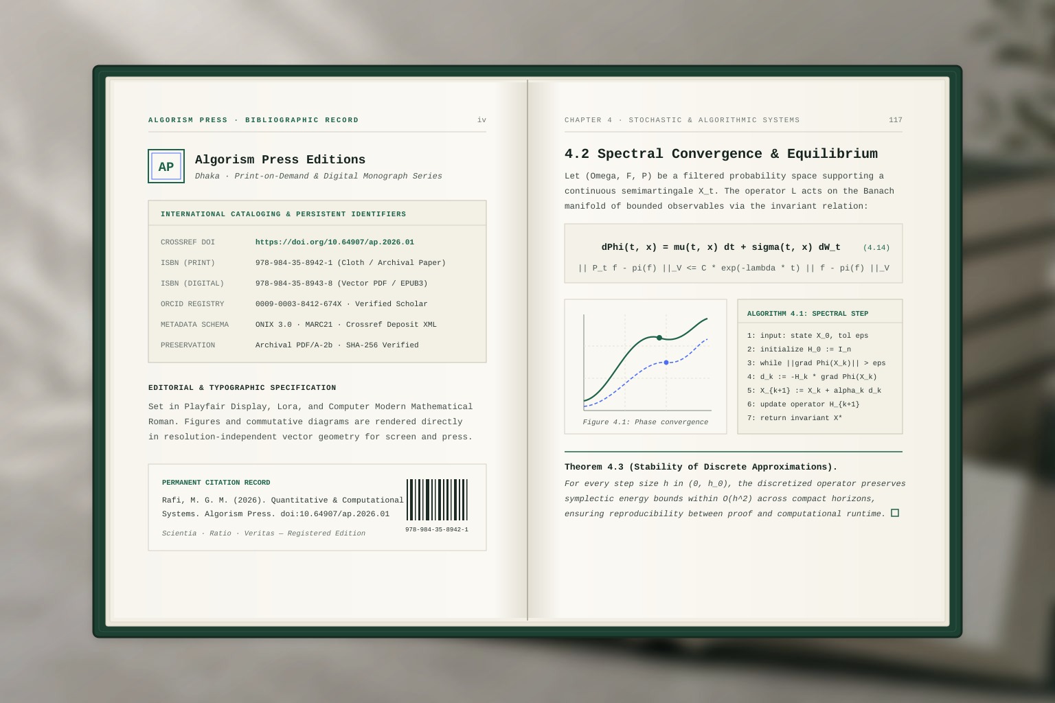 An open Algorism Press monograph spread showing a bibliographic colophon with Crossref DOI and ISBN registration alongside vector mathematical equations and algorithmic pseudocode