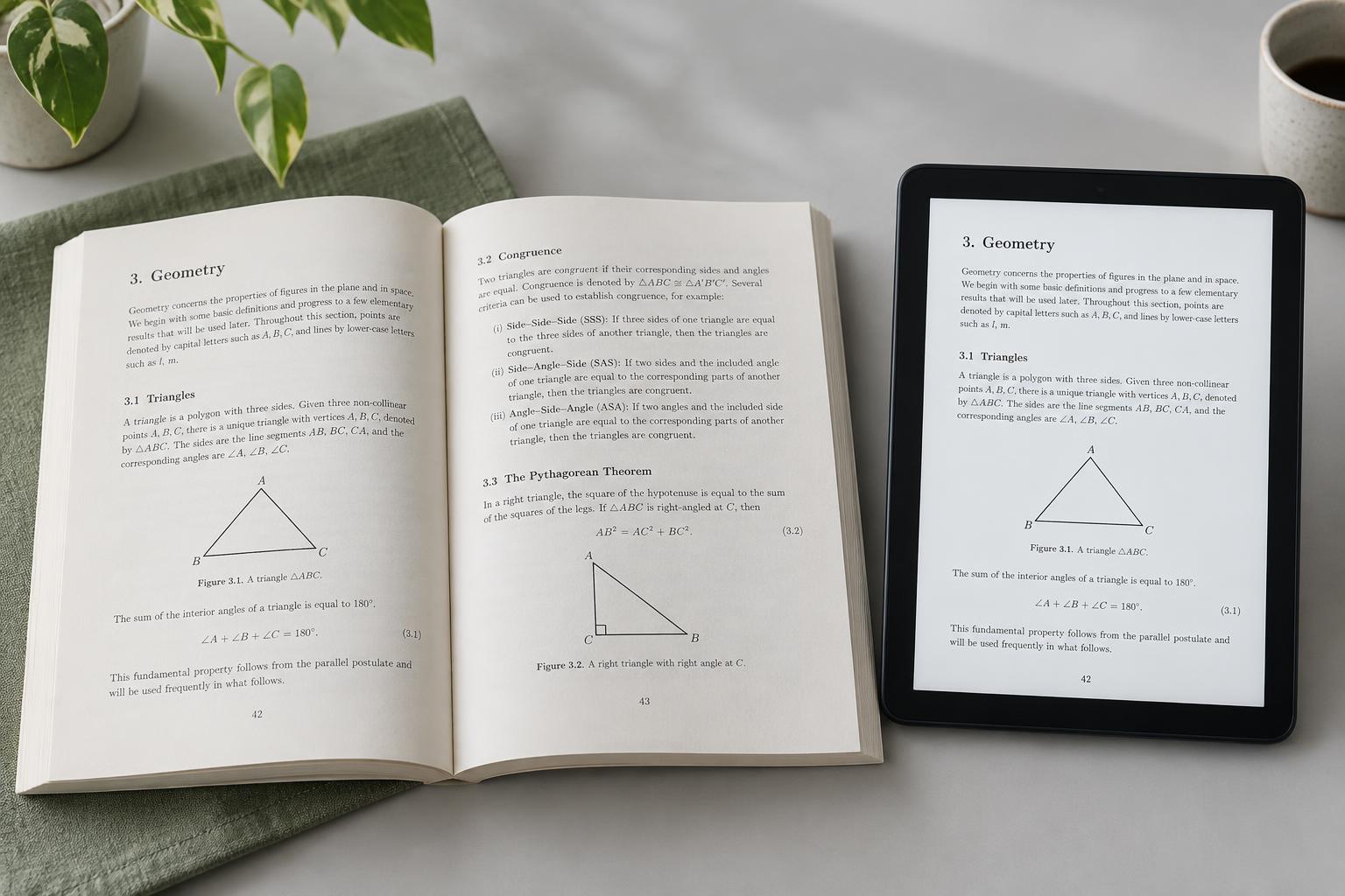 An open geometry proof book alongside an e-reader showing the same page